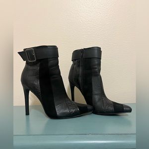 Shoe Dazzle heeled booties, leather and suede, with buckles. Size: 8.5